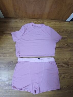 SHEIN Pink Short Sleeve Crop Top and Shorts Sleep Set
